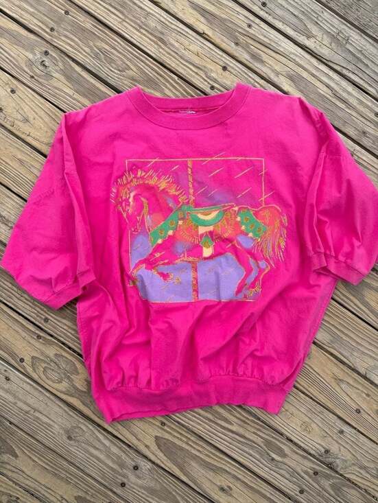 Unbranded Tops - Vintage 80s Hot Pink Batwing Dolman Sleeve Carousel Graphic Sweatshirt